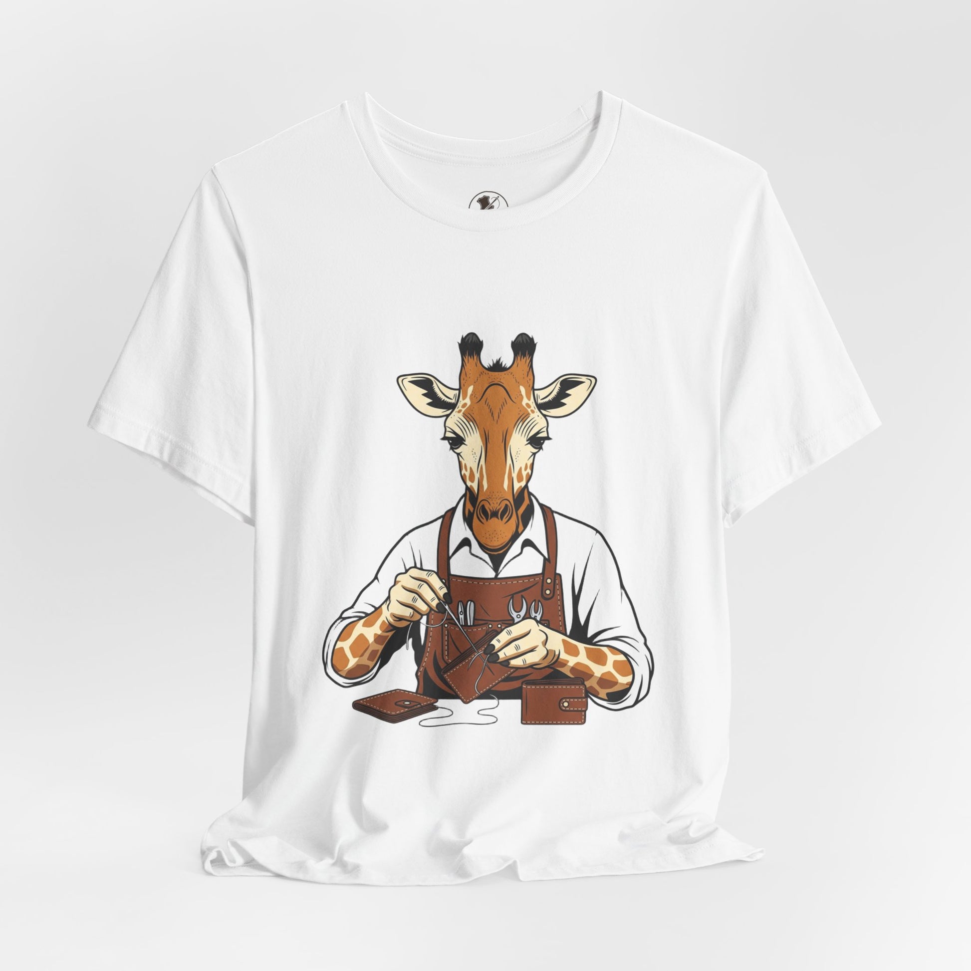 Giraffe Tailor Tee - Unique Animal Lover Shirt, Funny Short Sleeve T-Shirt for Creatives, Quirky Art Casual Wear - ArtOm_farm™ LEATHER