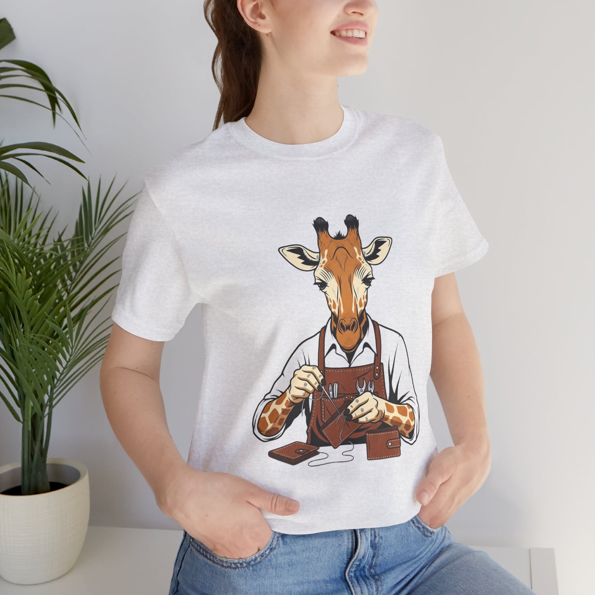 Giraffe Tailor Tee - Unique Animal Lover Shirt, Funny Short Sleeve T-Shirt for Creatives, Quirky Art Casual Wear - ArtOm_farm™ LEATHER 
