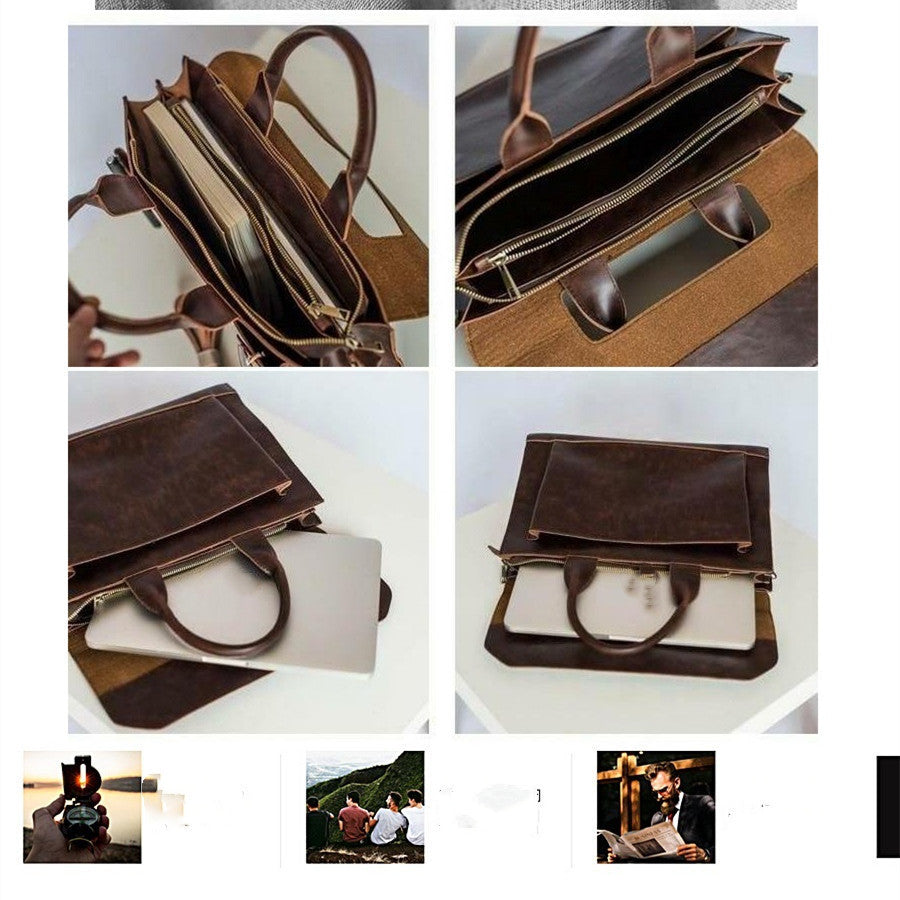Collage of a brown leather bag with multiple angles on a white background