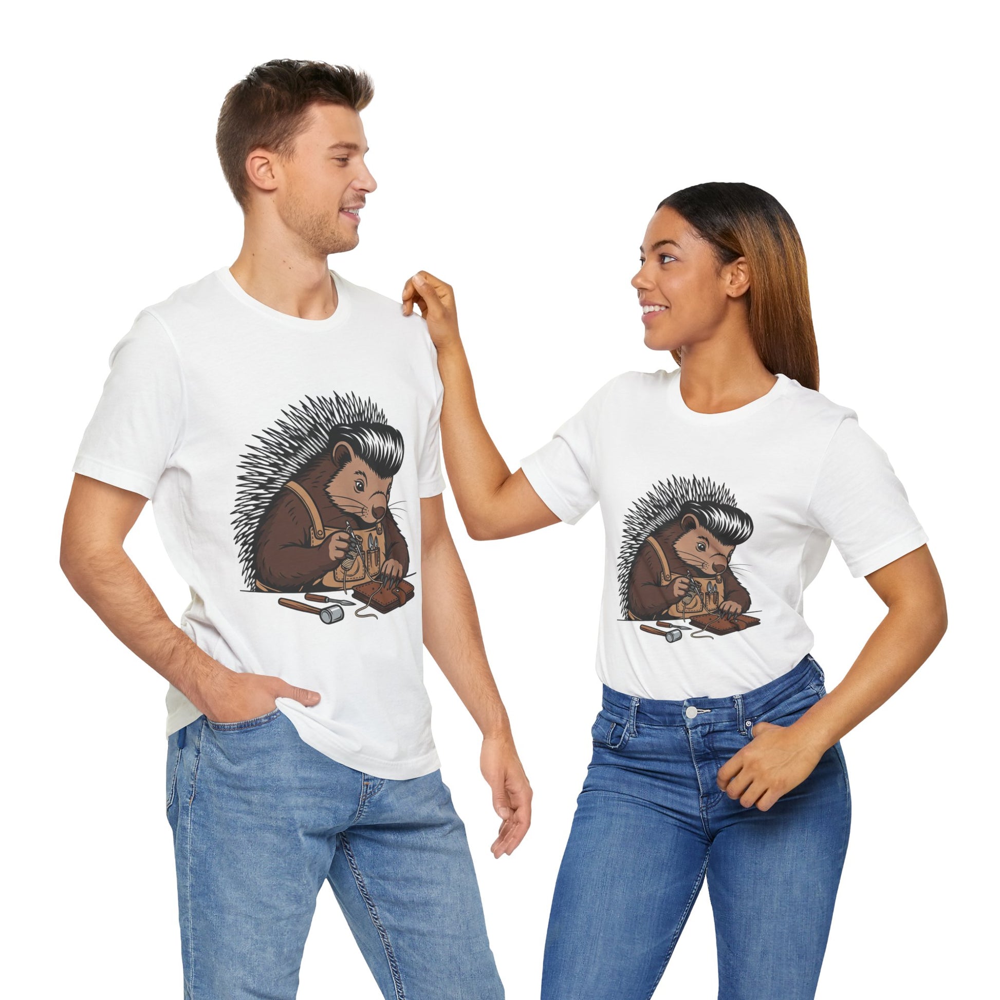 Quirky Hedgehog T-Shirt - Cute Animal Tee for Crafting Enthusiasts and Nature Lovers - Unisex Short Sleeve Shirt - ArtOm_farm™ LEATHER