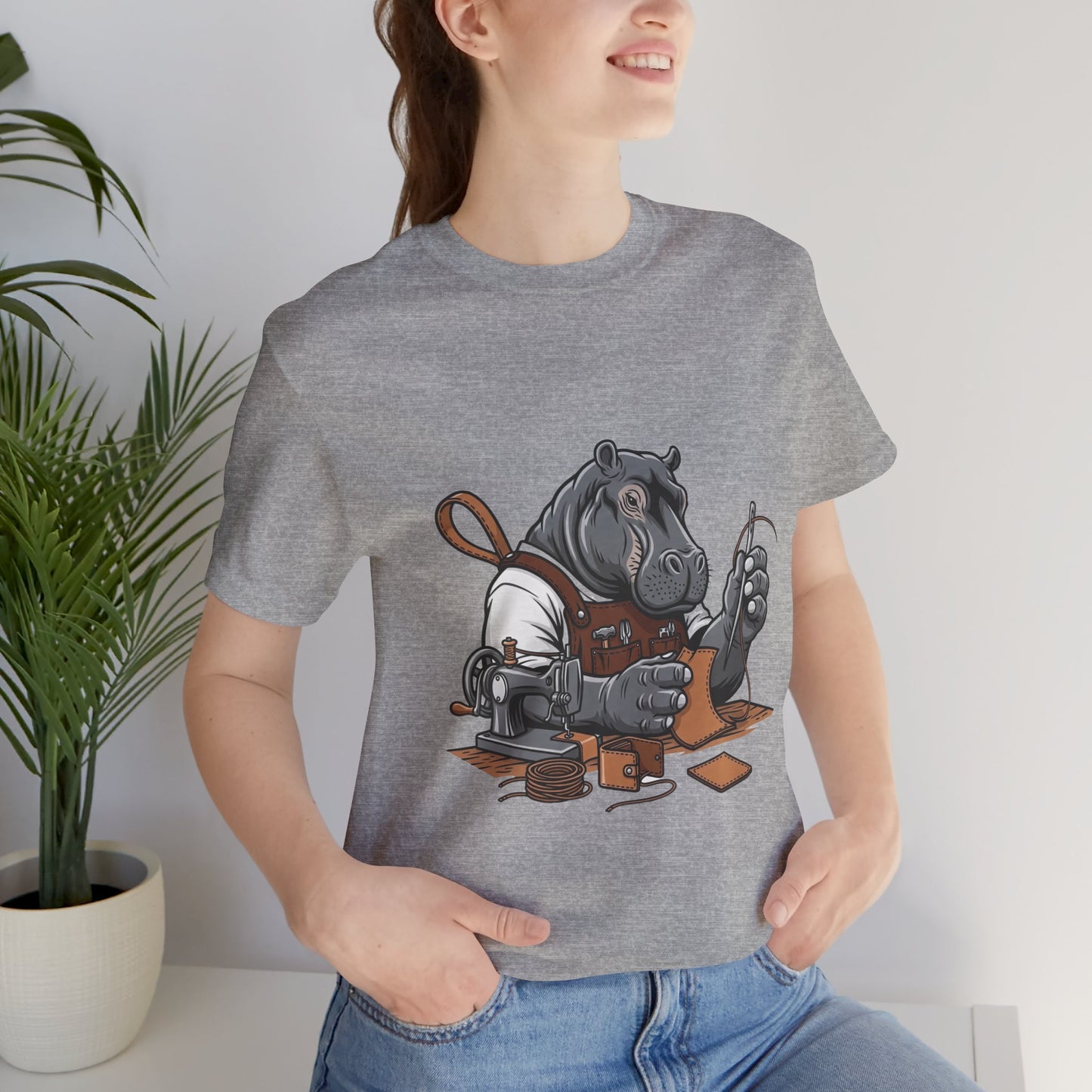 Hippo Sewing T-Shirt - Unique Unisex Tee for Crafters, Fun Animal Lover Shirt, Perfect Birthday Gift - ArtOm_farm™ LEATHER 