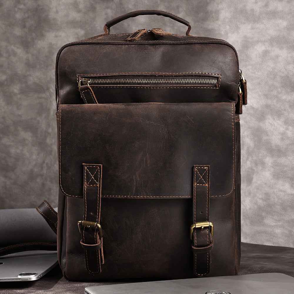 Men's Retro Leather Backpack in Genuine Crazy Horse Leather - ArtOm_farm™ LEATHER