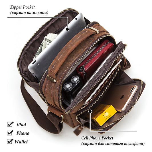 Men's Leather Crossbody Bag - Crazy Horse Leather Single-shoulder Design - ArtOm_farm™ LEATHER 
