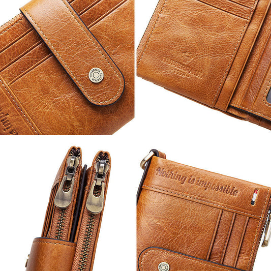 Brown leather wallet with multiple compartments and a visible brand logo.