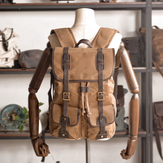 Travel Backpack Leather with Canvas Stitching and Crazy Horse Leather - ArtOm_farm™ LEATHER 