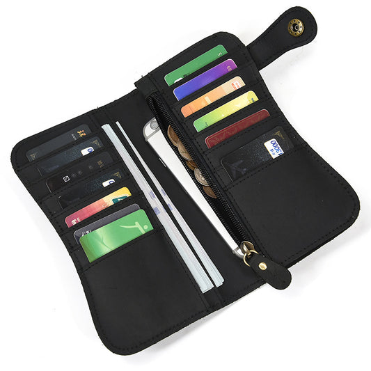 Black wallet with colorful card slots and a phone pocket on a white background