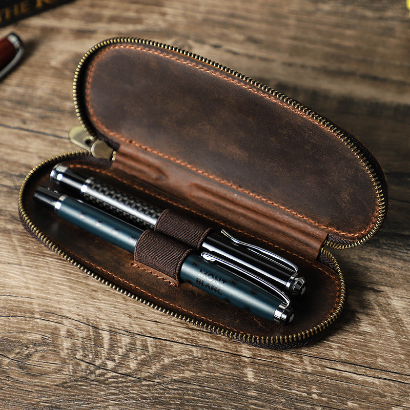 Vintage Leather Zipper Storage Box - Handmade Crazy Horse Leather Oval Design - ArtOm_farm™ LEATHER
