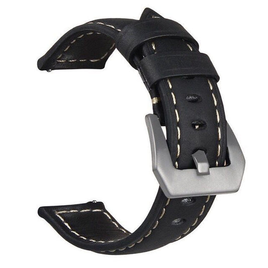 Black leather watch strap with silver buckle on a white background