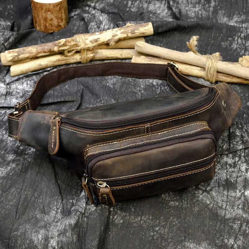 Retro Leather Fanny Pack for Men – Crazy Horse Leather Chest Bag - ArtOm_farm™ LEATHER