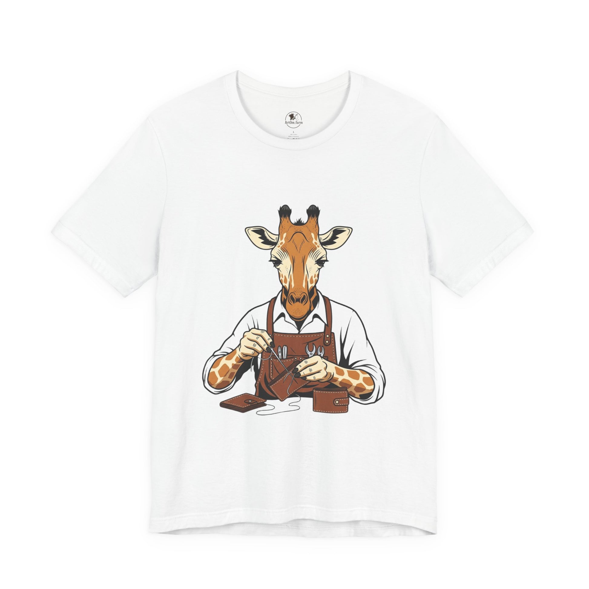 Giraffe Tailor Tee - Unique Animal Lover Shirt, Funny Short Sleeve T-Shirt for Creatives, Quirky Art Casual Wear - ArtOm_farm™ LEATHER