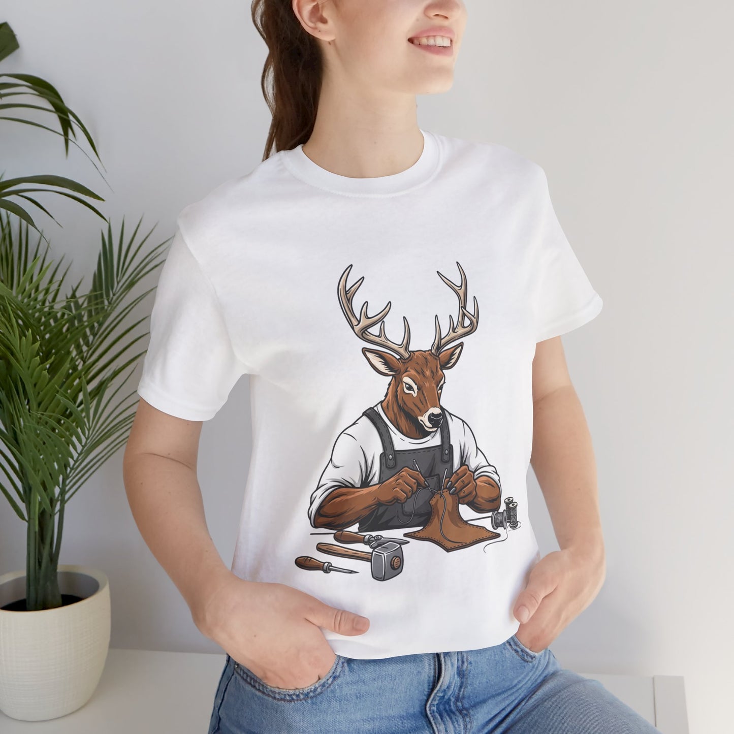 Artisan Deer Graphic Tee for Nature Lovers - Cute Animal Shirt, Unisex Casual Wear, Perfect Handyman Gift - ArtOm_farm™ LEATHER