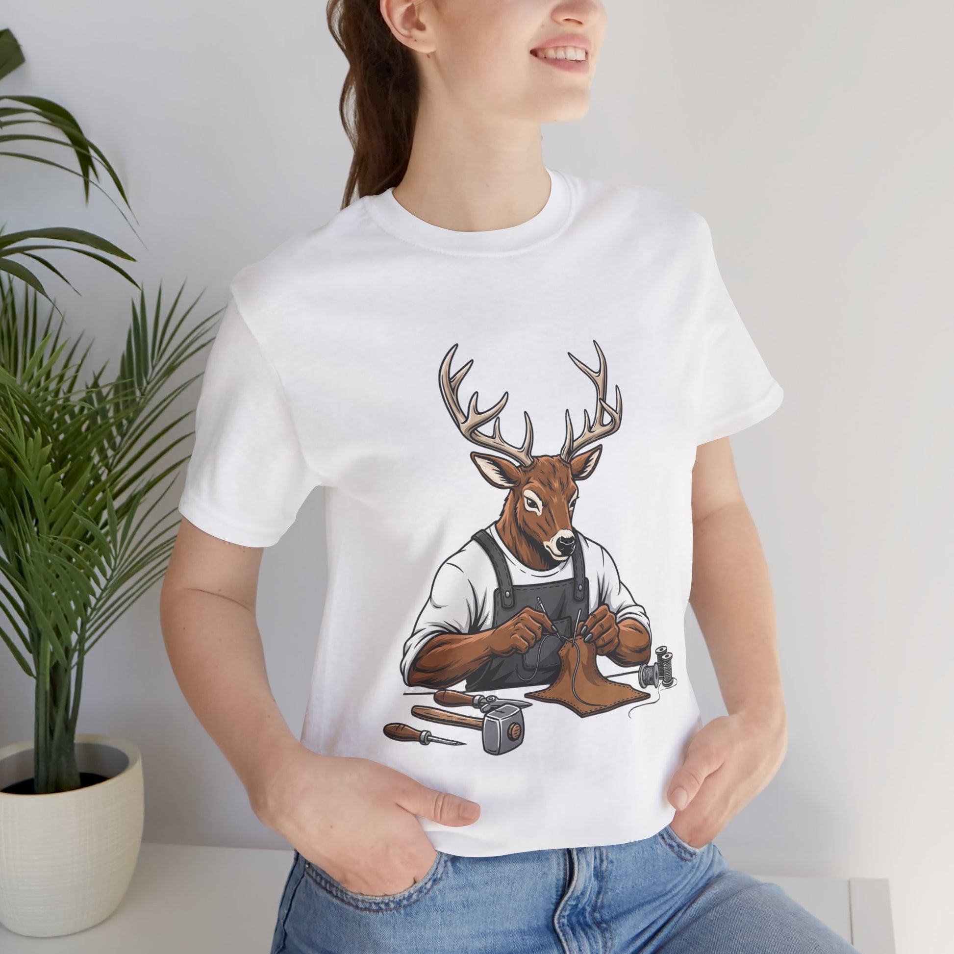 Artisan Deer Graphic Tee for Nature Lovers - Cute Animal Shirt, Unisex Casual Wear, Perfect Handyman Gift - ArtOm_farm™ LEATHER