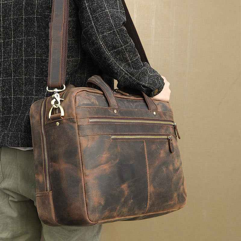 Vintage Men's Leather Briefcase - Crazy Horse Leather Design