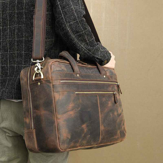 Vintage Men's Leather Briefcase - Crazy Horse Leather Design