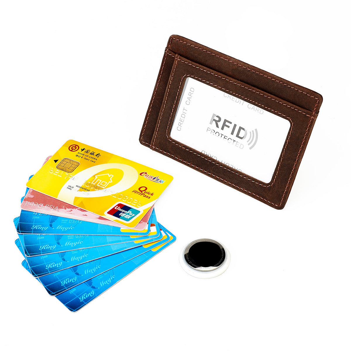 Crazy Horse Leather Card Holder with Positioning Tracker - Protective Case - ArtOm_farm™ LEATHER