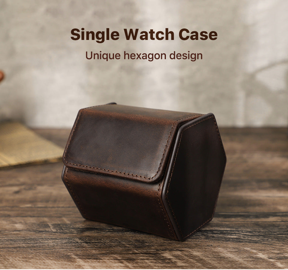 Brown single watch case with unique hexagon design on a wooden surface