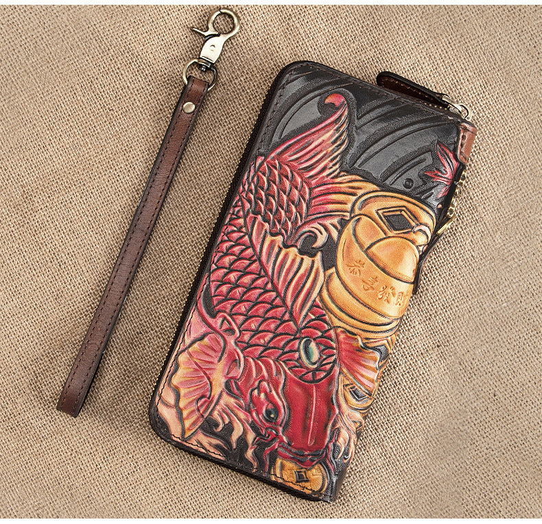 Handmade Leather Wallet - Retro Long Cowhide Carving Craft Wallet - ArtOm_farm™ LEATHER 