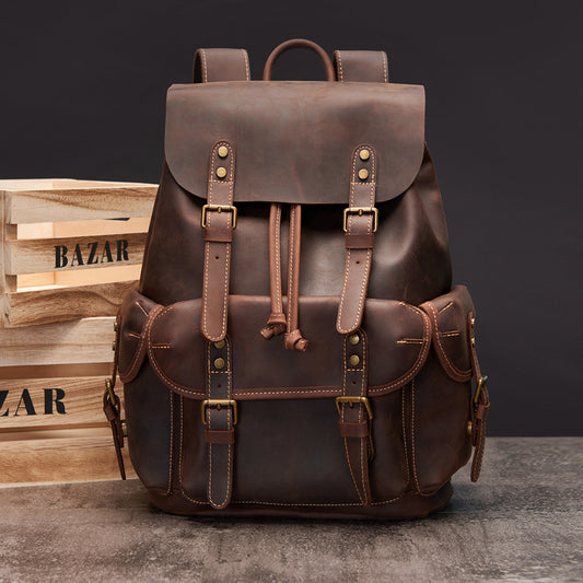 Crazy Horse Leather Backpack for Men - Large Capacity Retro Outdoor Travel Computer Bag - ArtOm_farm™ LEATHER 