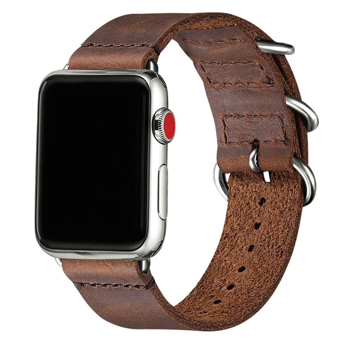 Smartwatch with a brown leather strap on a white background