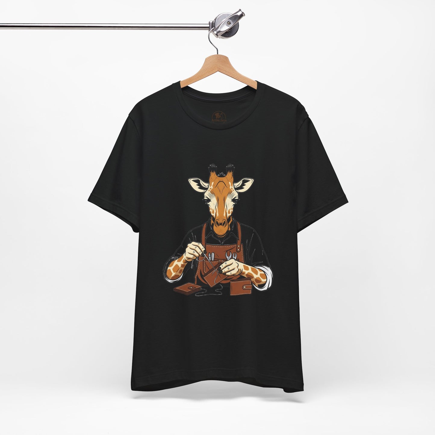 Giraffe Tailor Tee - Unique Animal Lover Shirt, Funny Short Sleeve T-Shirt for Creatives, Quirky Art Casual Wear - ArtOm_farm™ LEATHER 