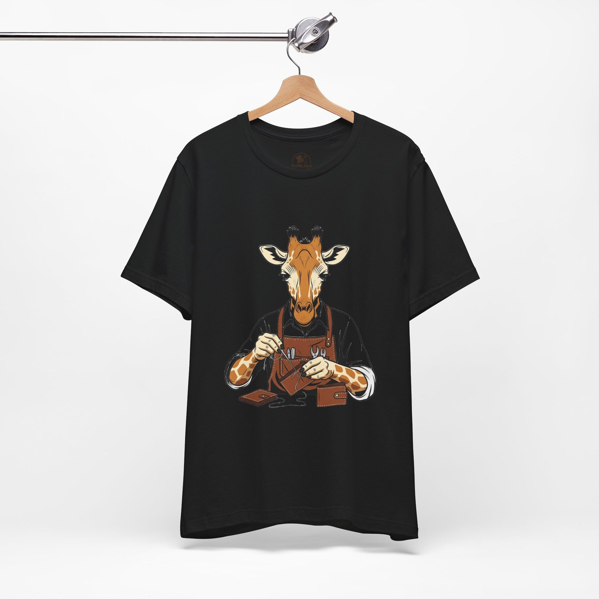 Giraffe Tailor Tee - Unique Animal Lover Shirt, Funny Short Sleeve T-Shirt for Creatives, Quirky Art Casual Wear - ArtOm_farm™ LEATHER 
