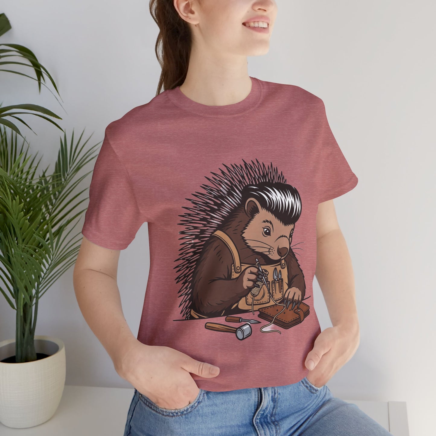 Quirky Hedgehog T-Shirt - Cute Animal Tee for Crafting Enthusiasts and Nature Lovers - Unisex Short Sleeve Shirt - ArtOm_farm™ LEATHER 