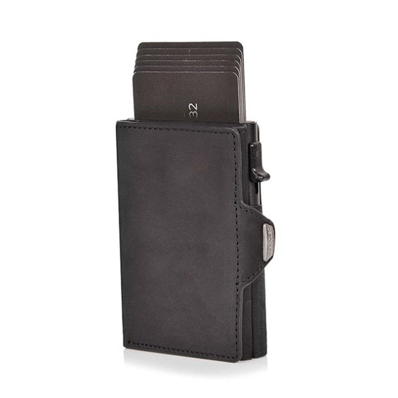 Black cardholder with cards on a white background