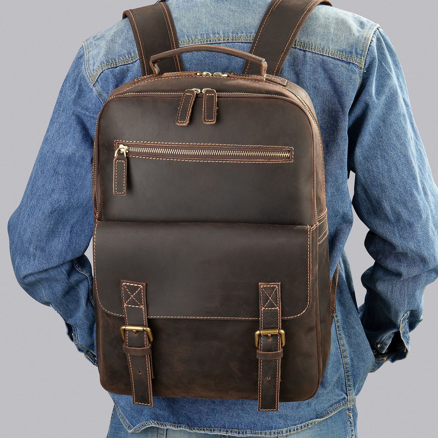 Crazy Horse Leather Backpack for Men - Retro Large Capacity Design - ArtOm_farm™ LEATHER 