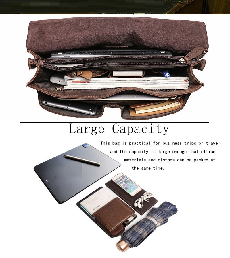 Large Capacity Leather Briefcase for Men - Retro Portable Crazy Horse Design - ArtOm_farm™ LEATHER 