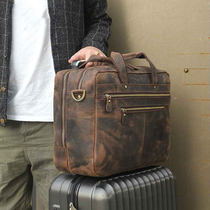 Vintage Men's Leather Briefcase - Crazy Horse Leather Design