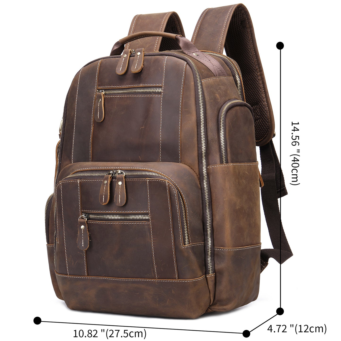 Brown leather backpack with measurements on a white background