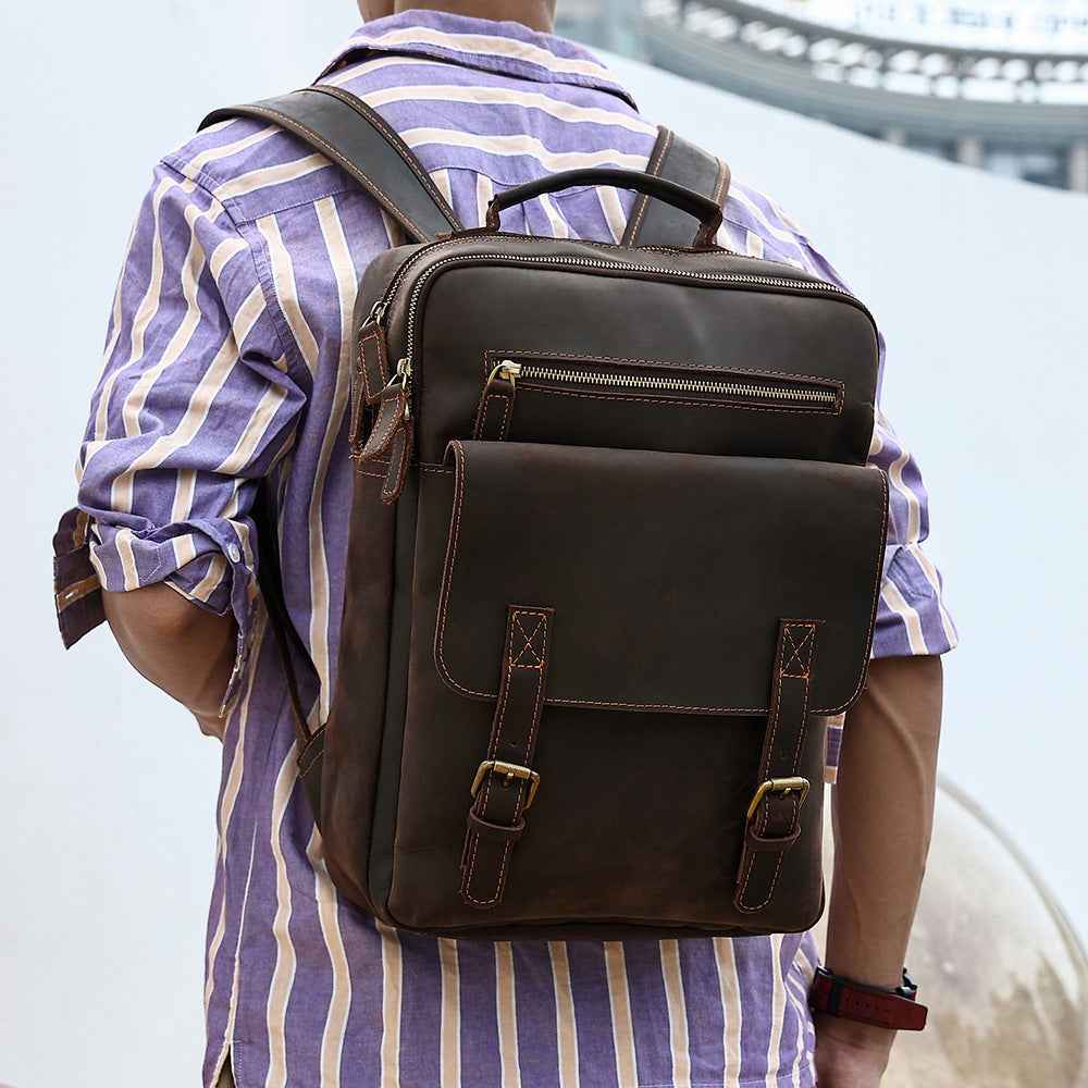 Men's Retro Leather Backpack in Genuine Crazy Horse Leather - ArtOm_farm™ LEATHER