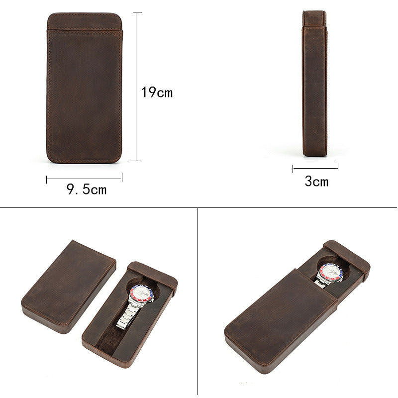 Brown leather watch case with dimensions and a watch inside on a white background