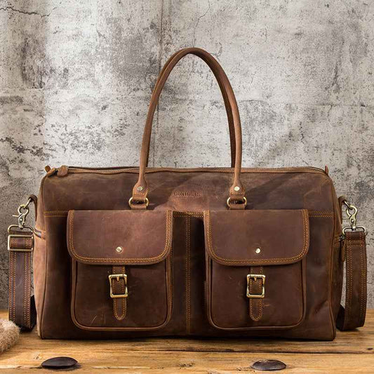 Retro Cowhide Leather Travel Bag - Large Capacity Crazy Horse Design