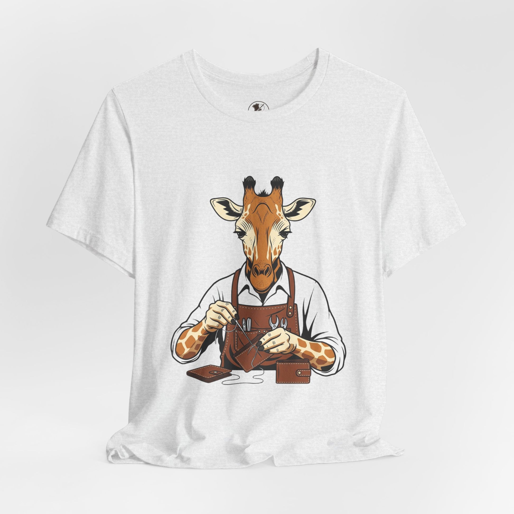 Giraffe Tailor Tee - Unique Animal Lover Shirt, Funny Short Sleeve T-Shirt for Creatives, Quirky Art Casual Wear - ArtOm_farm™ LEATHER