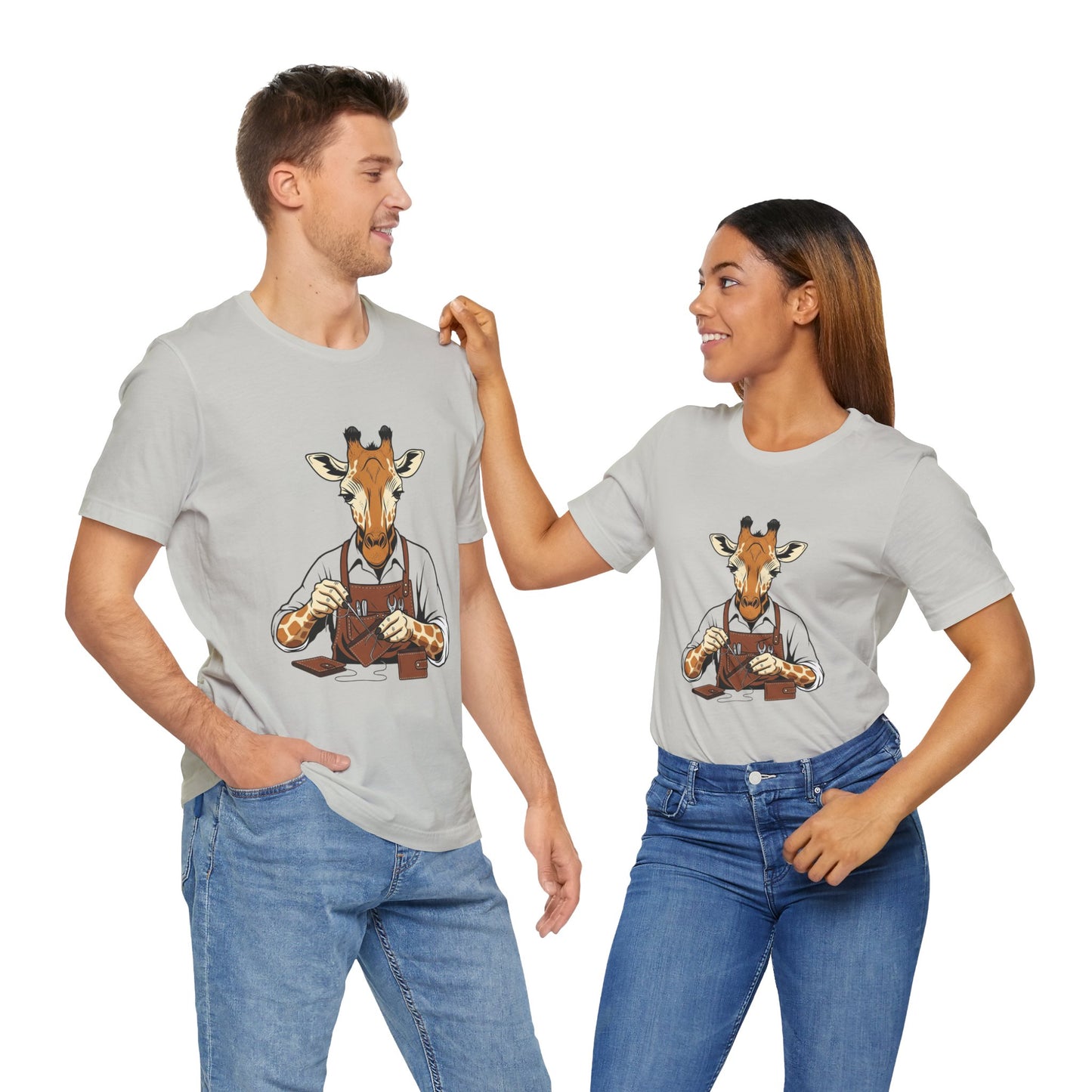 Giraffe Tailor Tee - Unique Animal Lover Shirt, Funny Short Sleeve T-Shirt for Creatives, Quirky Art Casual Wear - ArtOm_farm™ LEATHER 