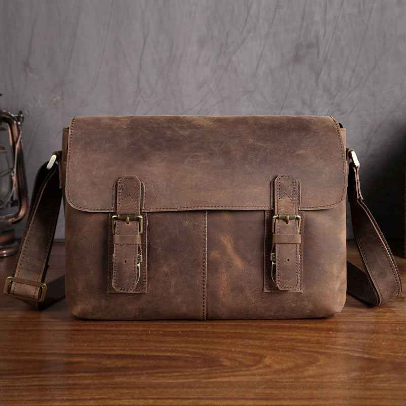 Men's Crazy Horse Leather Messenger Bag - Top Layer Cowhide Design