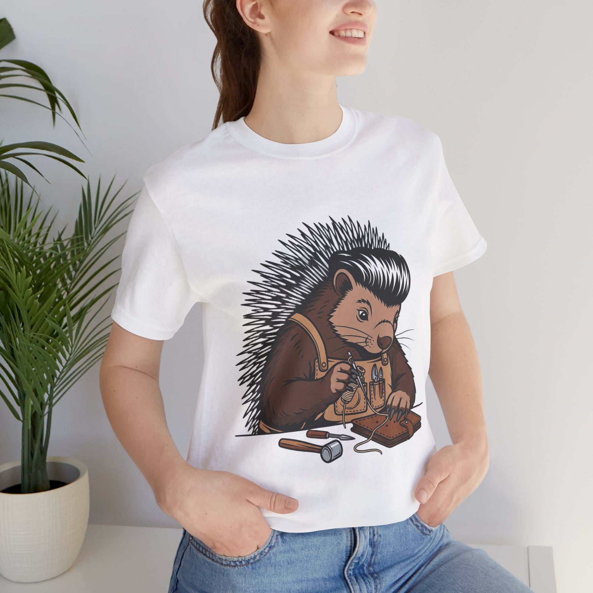 Quirky Hedgehog T-Shirt - Cute Animal Tee for Crafting Enthusiasts and Nature Lovers - Unisex Short Sleeve Shirt - ArtOm_farm™ LEATHER