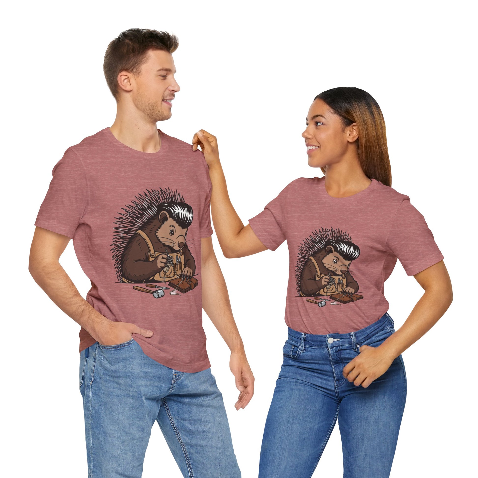 Quirky Hedgehog T-Shirt - Cute Animal Tee for Crafting Enthusiasts and Nature Lovers - Unisex Short Sleeve Shirt - ArtOm_farm™ LEATHER 