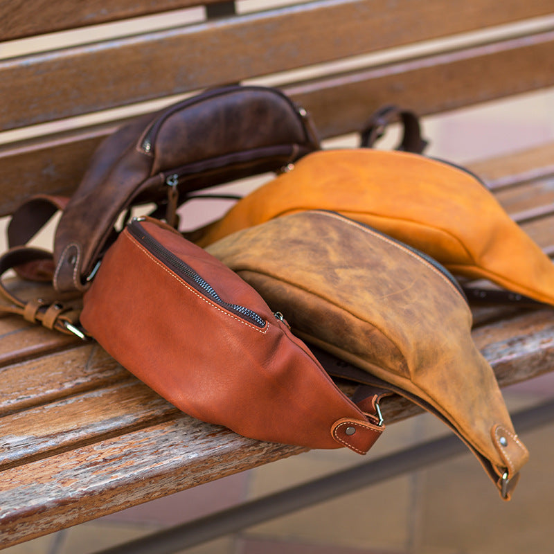 Handmade Leather Chest Bag - Retro Head Layer Crazy Horse Leather Zipper Design - ArtOm_farm™ LEATHER 