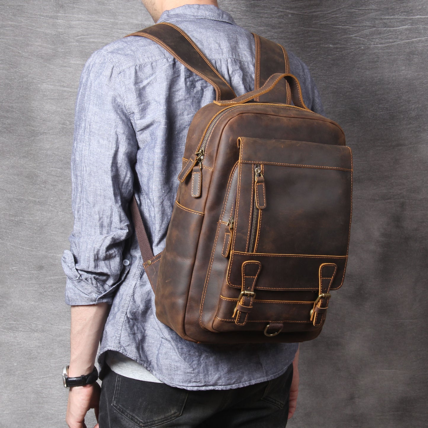 Retro Leather Backpack - Crazy Horse First Layer Leather Capacity Backpack - ArtOm_farm™ LEATHER