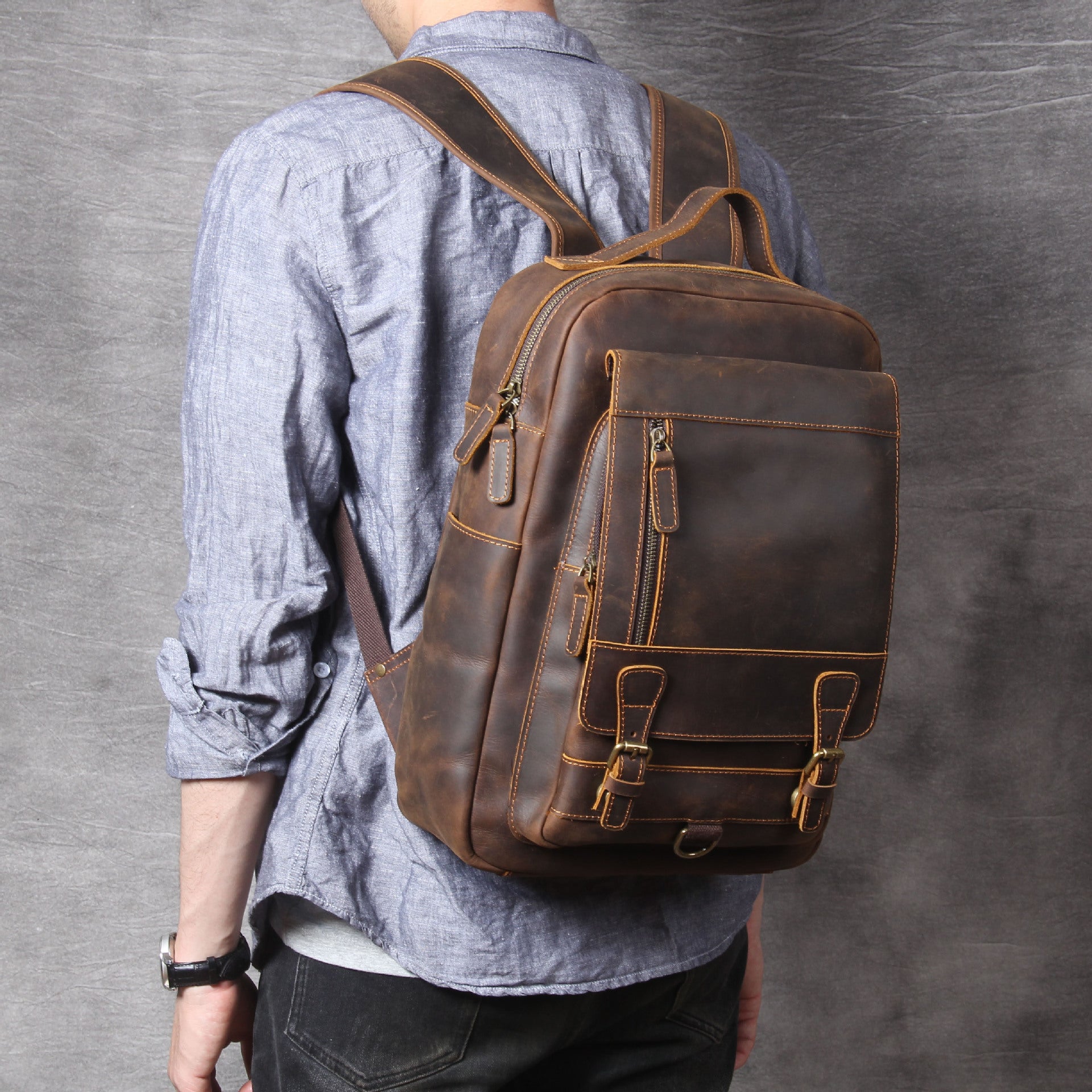 Retro Leather Backpack - Crazy Horse First Layer Leather Capacity Backpack - ArtOm_farm™ LEATHER