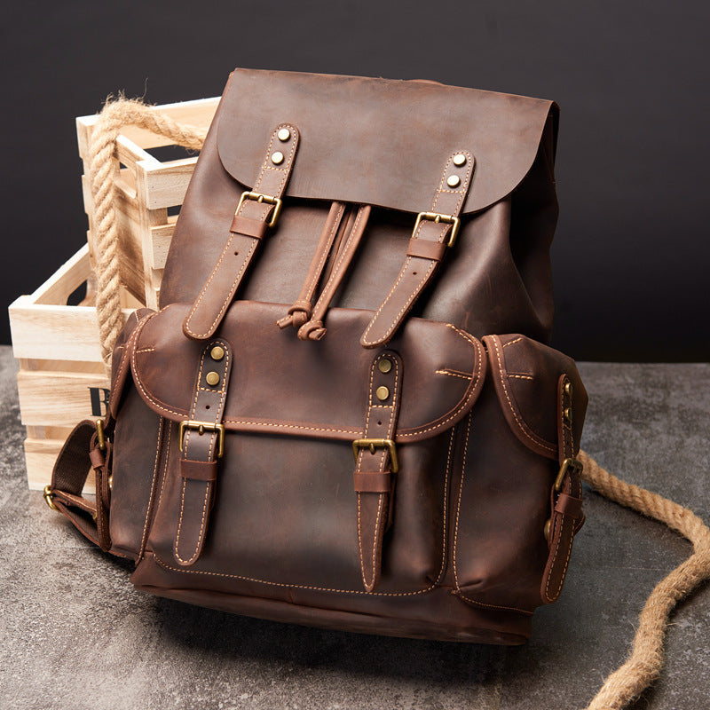 Crazy Horse Leather Backpack for Men - Large Capacity Retro Outdoor Travel Computer Bag - ArtOm_farm™ LEATHER 