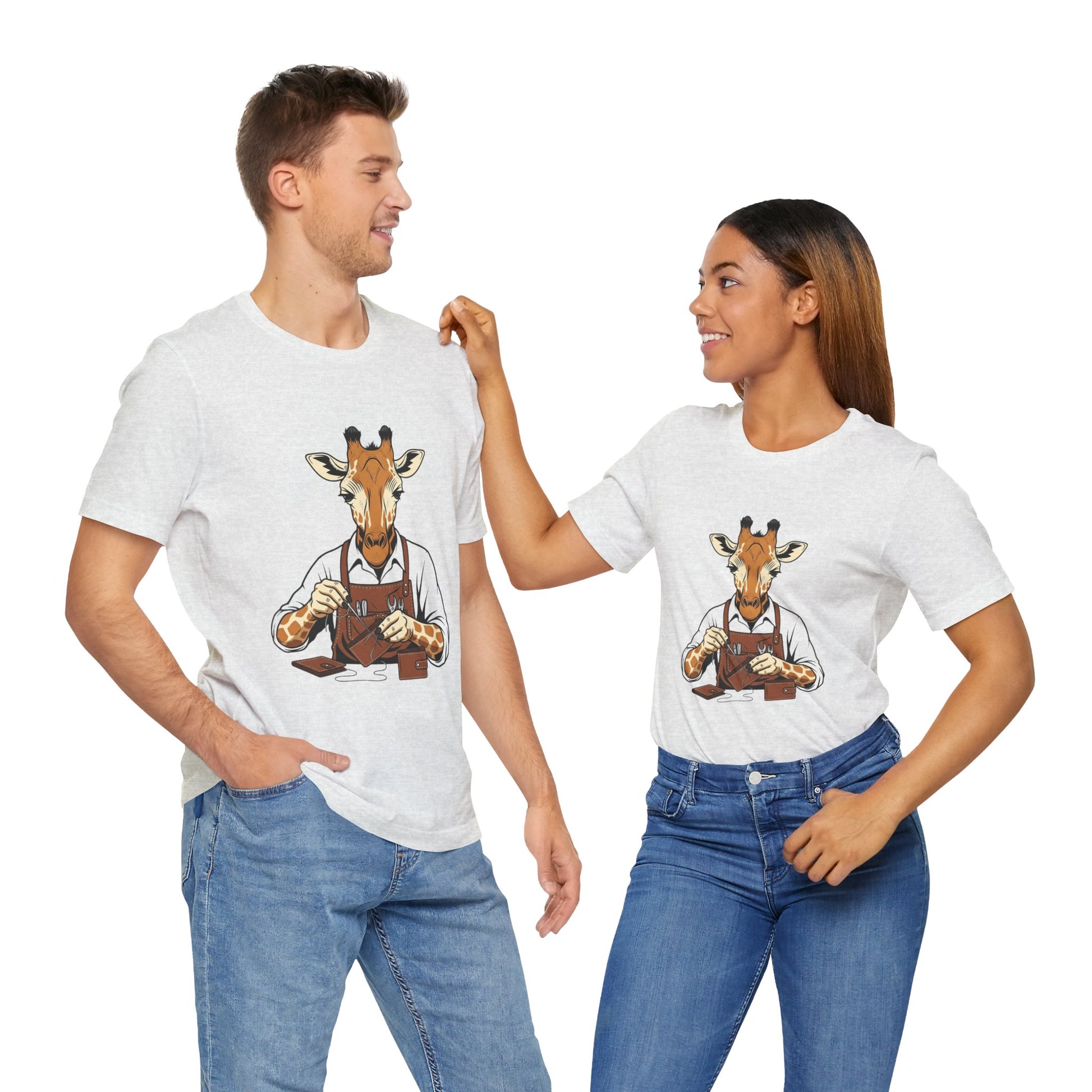 Giraffe Tailor Tee - Unique Animal Lover Shirt, Funny Short Sleeve T-Shirt for Creatives, Quirky Art Casual Wear - ArtOm_farm™ LEATHER 