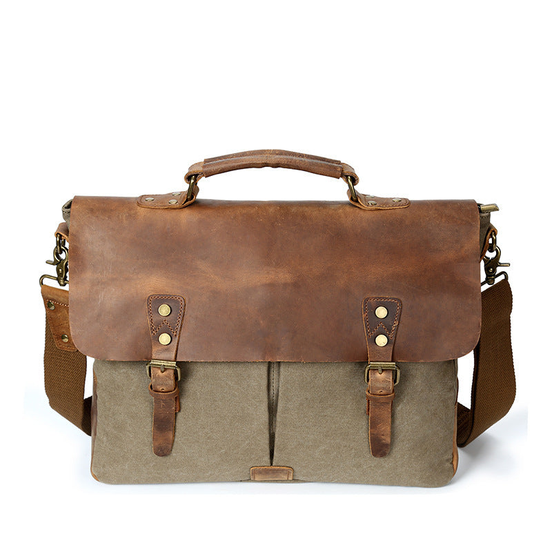 Source Point Men's Canvas Messenger Bag with Crazy Horse Leather - Retro Computer Shoulder Bag - ArtOm_farm™ LEATHER 