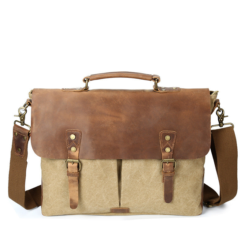 Source Point Men's Canvas Messenger Bag with Crazy Horse Leather - Retro Computer Shoulder Bag - ArtOm_farm™ LEATHER 