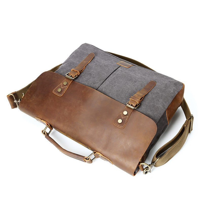 Source Point Men's Canvas Messenger Bag with Crazy Horse Leather - Retro Computer Shoulder Bag - ArtOm_farm™ LEATHER 