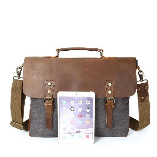 Source Point Men's Canvas Messenger Bag with Crazy Horse Leather - Retro Computer Shoulder Bag - ArtOm_farm™ LEATHER 