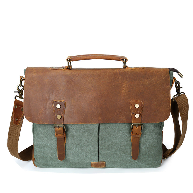 Source Point Men's Canvas Messenger Bag with Crazy Horse Leather - Retro Computer Shoulder Bag - ArtOm_farm™ LEATHER 