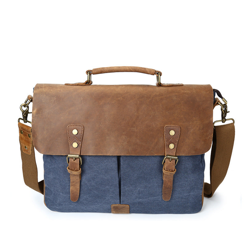 Source Point Men's Canvas Messenger Bag with Crazy Horse Leather - Retro Computer Shoulder Bag - ArtOm_farm™ LEATHER 